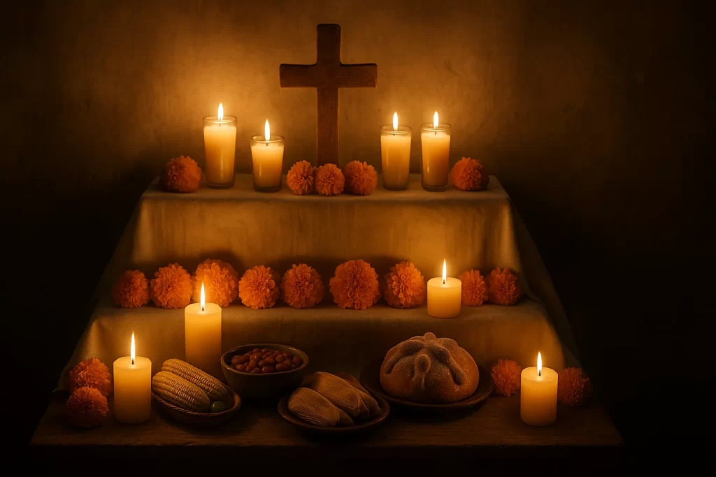 altar-de-muertos-de-tres-niveles-1024x683 Altar de Muertos: Significado y Elementos Esenciales